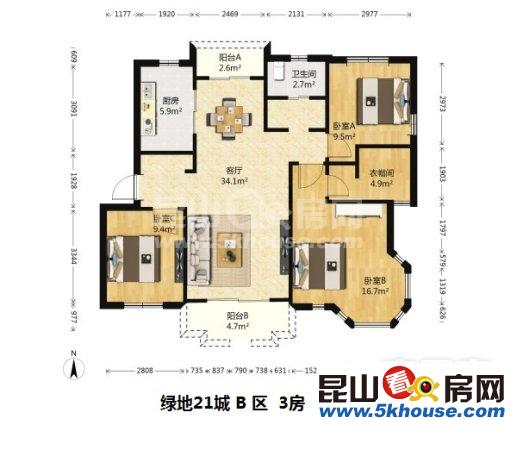 绿地21城b区 111平3室2厅 南北通透 刚拍了照片 离地铁站1.2公里