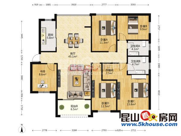 高档小区稀有好房子好户型 棕榈湾 390万 5室2厅2卫 精装修 ,性价比超高