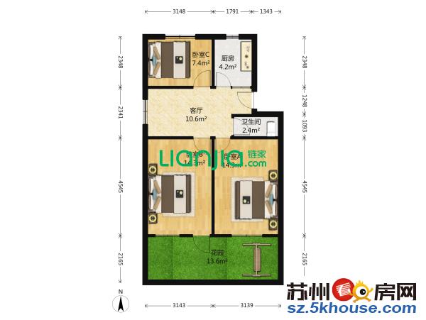 木杏苑3室2厅205万 78平全明户型 带花园 平直加振华