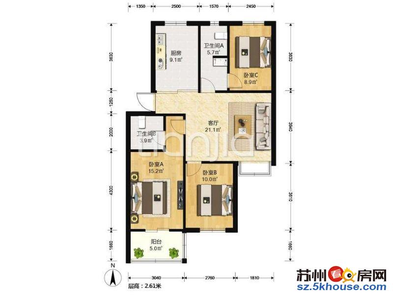 新加花园新上正3房全新装修拎包入住不靠马路采光视野好