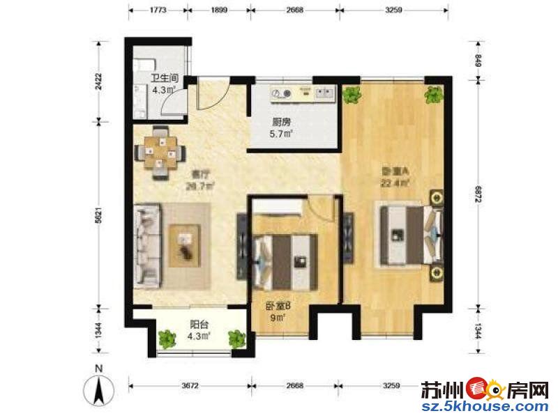 湖东 自由水岸 精装两室 家电家具齐全 拎包入住