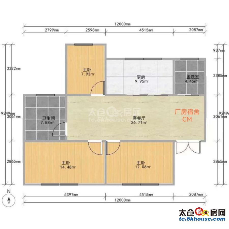 厂房宿舍出租3室2厅1卫 简单装修