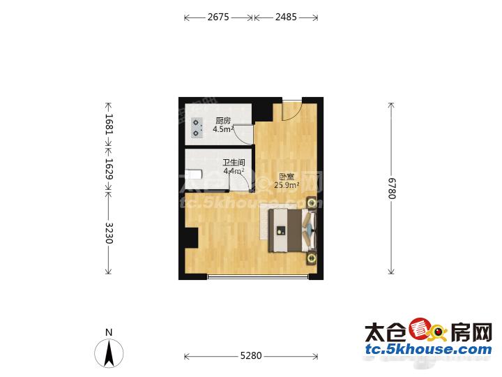 华旭领寓1室1卫1厅 52平精装修 1900元/月