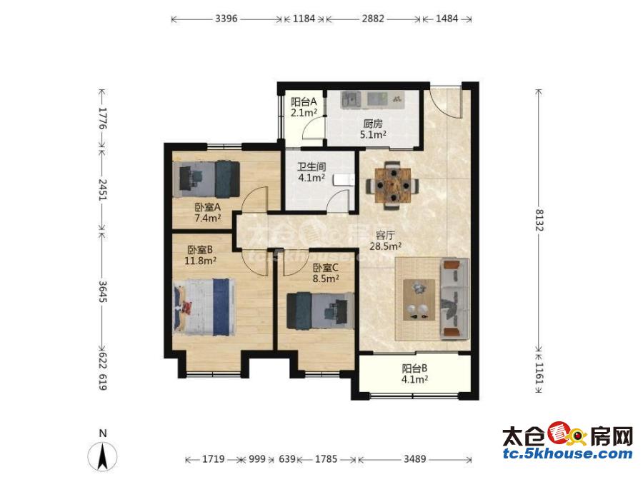 区,低于市场价,华盛五园 130万 3室2厅1卫 精装修