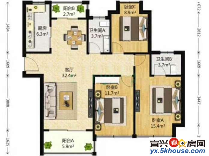 苏宁27楼 3室1厅 精装 设施齐全  3500元每月